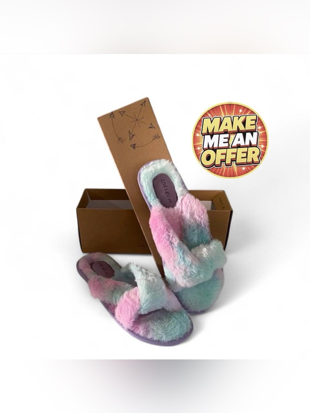 Brand New Purple, Teal & Pink Tie Dye Fuzzy Cross Front Slippers - Size 8 & 10